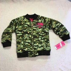 Betsey Johnson Bomber Jacket Kids Camo NEW Gold Heart Quilted Zip Up